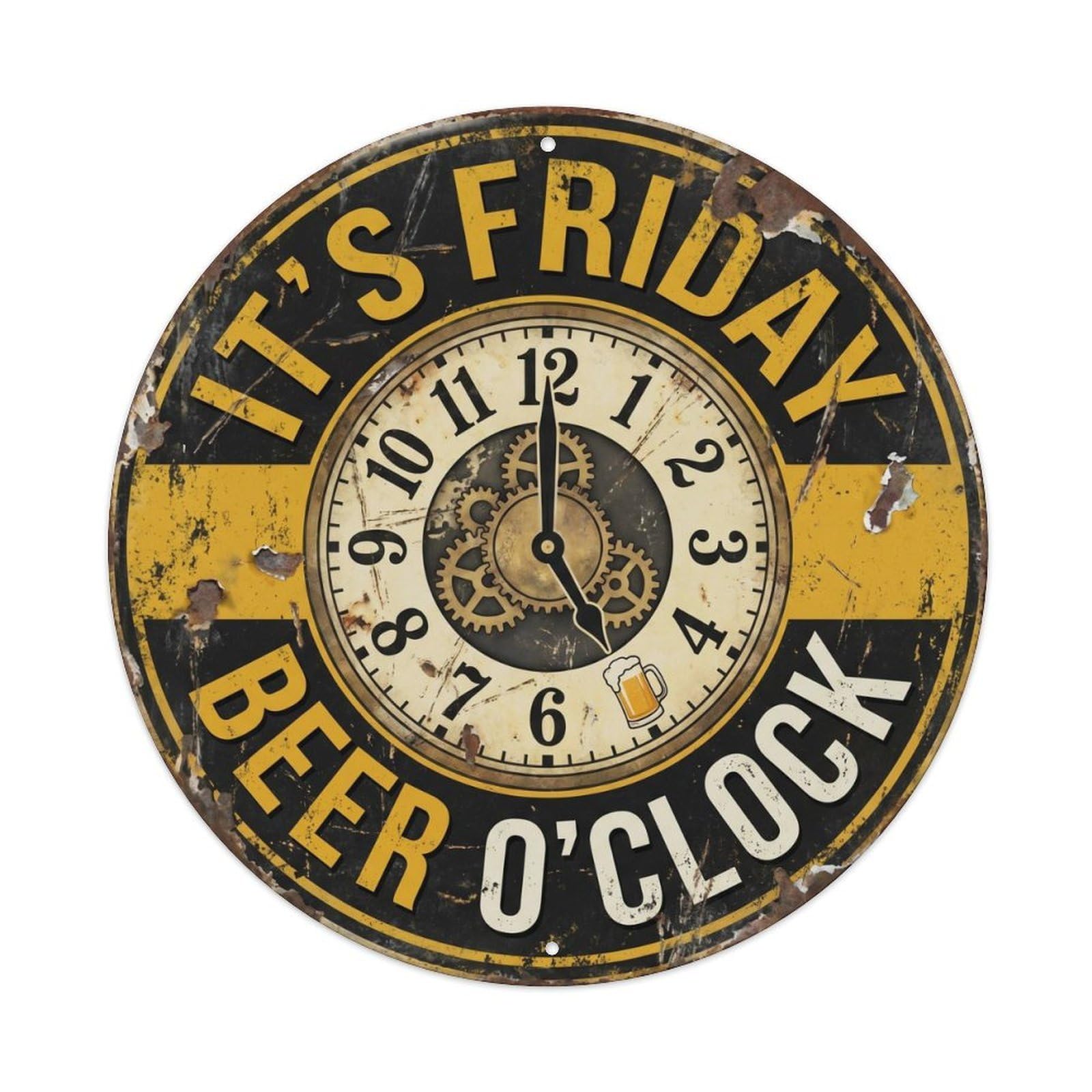 Retro Bar Friday Official Workshop Beer Metal Tin Sign Plaque Wall Decor for Cafe, Club Bar, Office, Home Garden Round Metal Poster 8x8Inch
