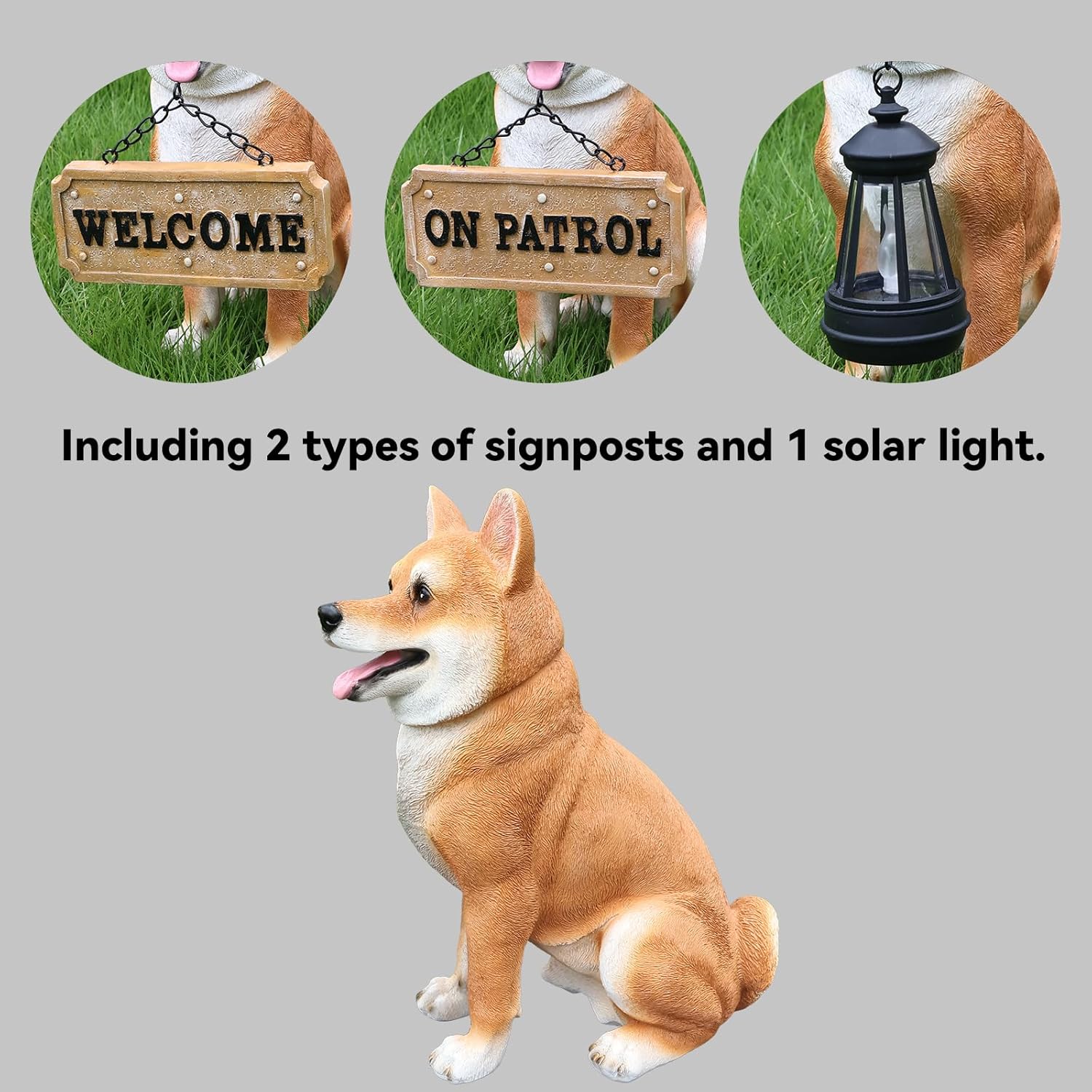 Akita Statue Outdoor Decorations – Dog Statues Outdoor, Small Sitting Akita with Removable Solar Light & Welcome Sign for Porch Décor