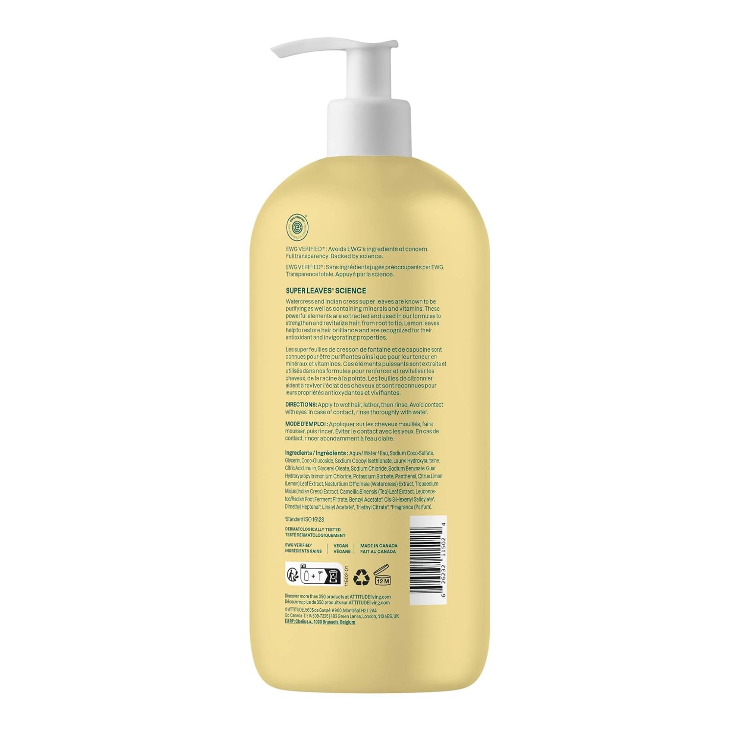 ATTITUDE Clarifying Hair Shampoo, EWG Verified, Restores Shine, Naturally Derived Ingredients, Vegan, Plant Based, Lemon Leaves and White Tea, 32 Fl Oz