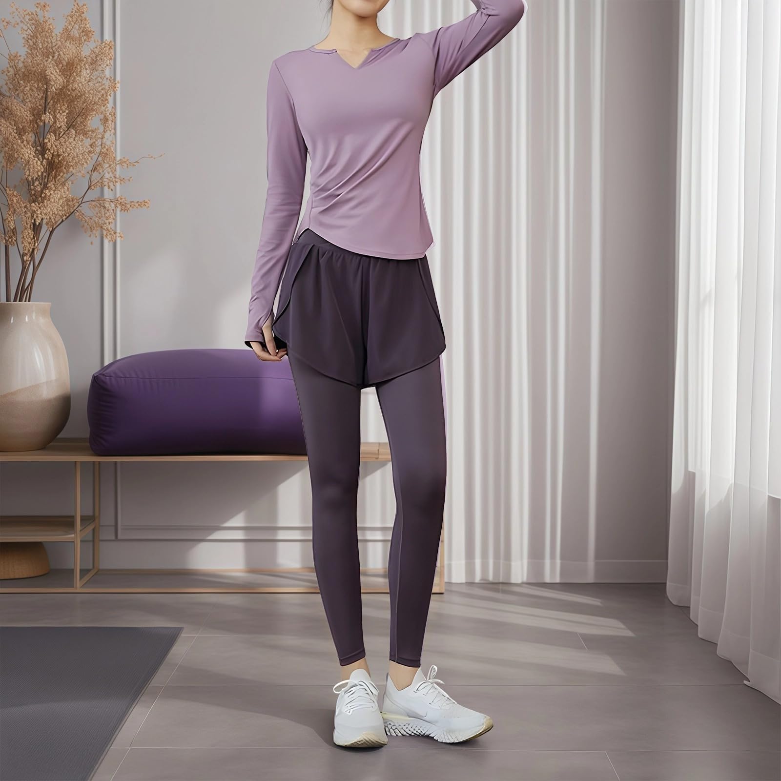 Ensemble de pilates noir deux pièces pour femme, taille XXL (61,2 à 68 kg), haut à manches longues, leggings ou shorts, matériau polyester-élasthanne, violet, taille unique