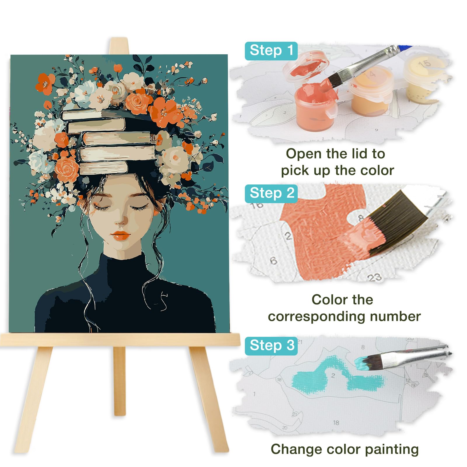 AIRDEA Donna con libri Dipingere con i Numeri Adulti, Fiori Paint by Numbers con Vernici e Pennelli, Kit di Pittura Acrilica Fai-da-Te per Adulti Principianti Decora la casa 40x50 cm (Nessuna Cornice)
