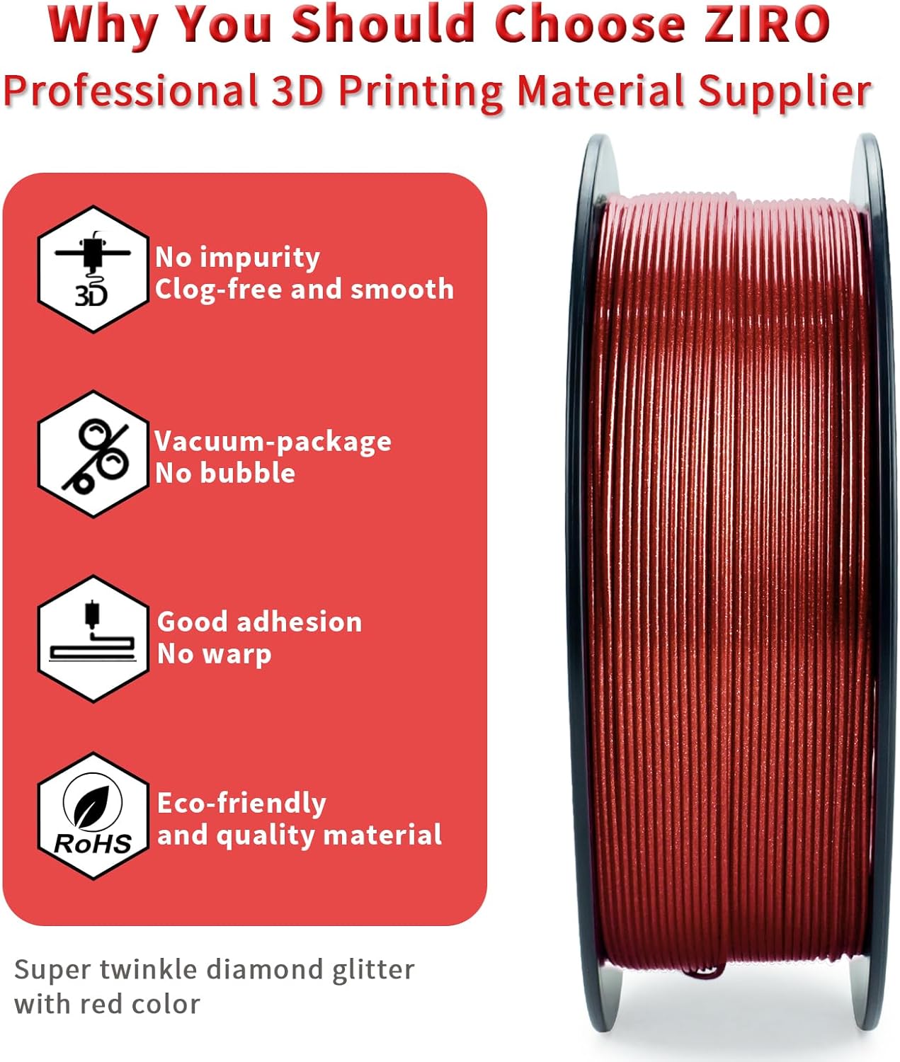 ZIRO 3D Printer Filament, 1.75mm Shiny Sparkle PLA with Glitter, Diamond Series Filament, Twinkling PLA 1kg/2.2lbs Spool, Colorful Material, Dimaond Red - Image 2