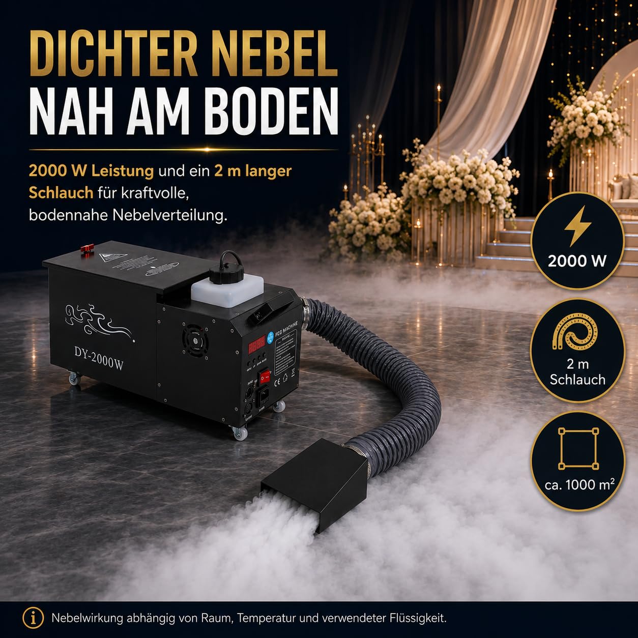 Nebelmaschine 2000 W,Wasserbasierte Boden-Nebelmaschine mit Schlauch,5lWassertanks und 1.5l Ölbehälters für Bühnenaufführungen, Bars, KTVs, Hochzeitsfeiern, Partys