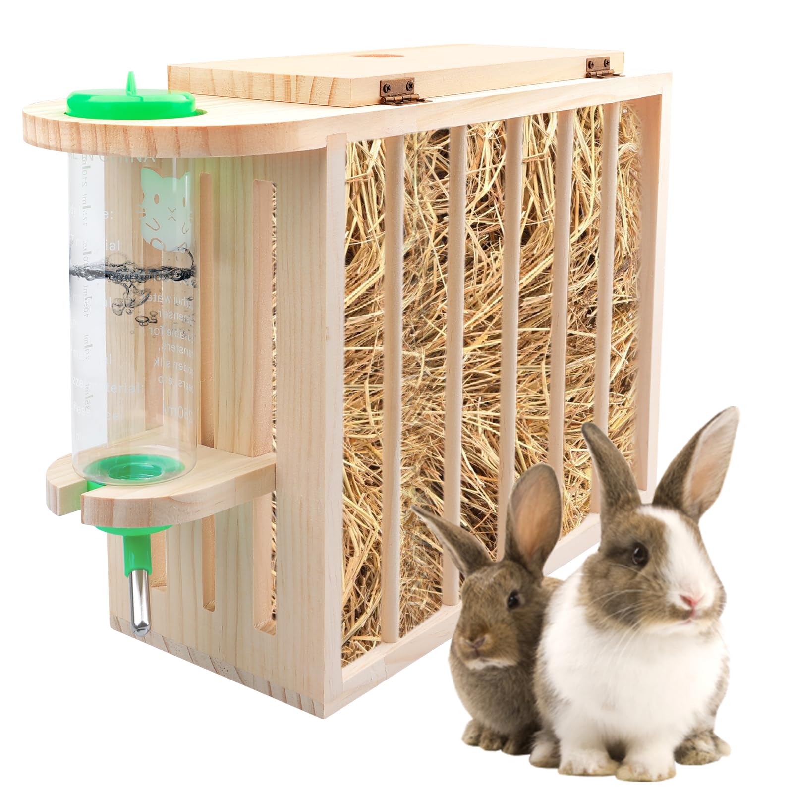 Comedero De Heno para Conejos,Alimentador De Heno para Conejo con Una Botella De Agua,Comedero De Madera para Heno,Comedero De Heno De Conejo para Cobayas,Conejos Y Chinchillas