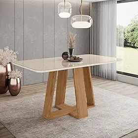 Mesa de Jantar para 6 Lugares 160cm Tampo Mdf e Vidro Canto Arredondado Lins Nature/Off White