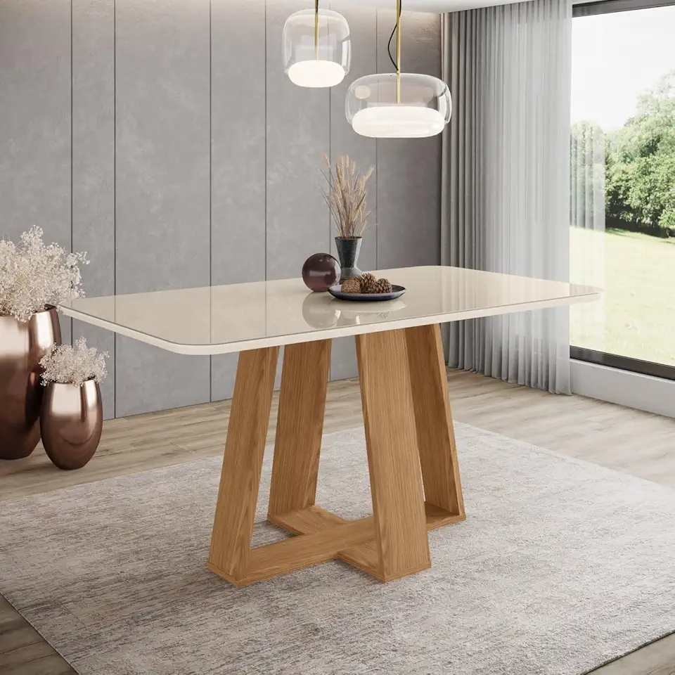 Mesa de Jantar para 6 Lugares 160cm Tampo Mdf e Vidro Canto Arredondado Lins Nature/Off White