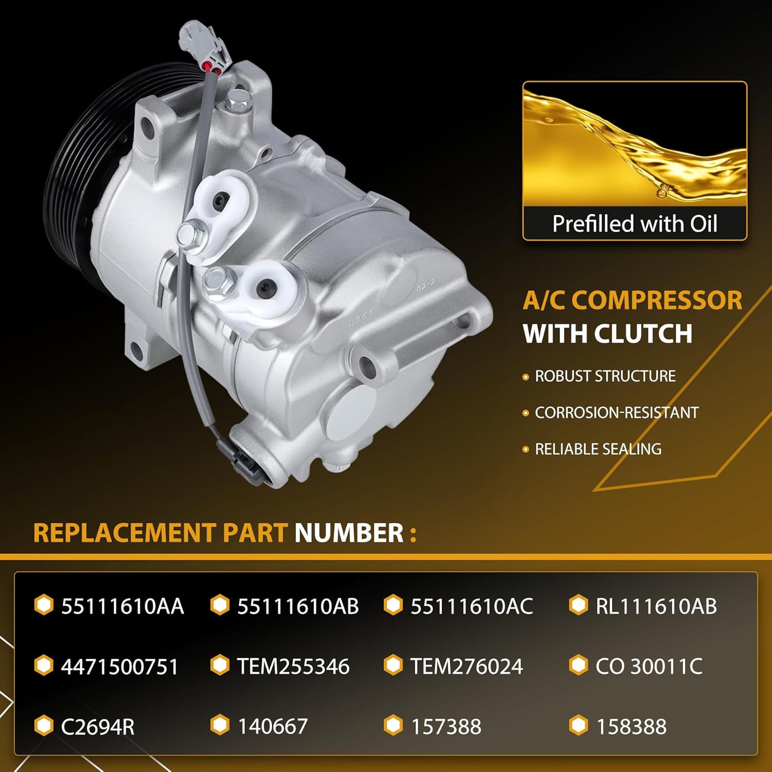 157388 AC Compressor with Clutch Compatible with 2009-2017 Jeep Compass Patriot, 2009-2012 Dodge Caliber 1.8L 2.0L 2.4L