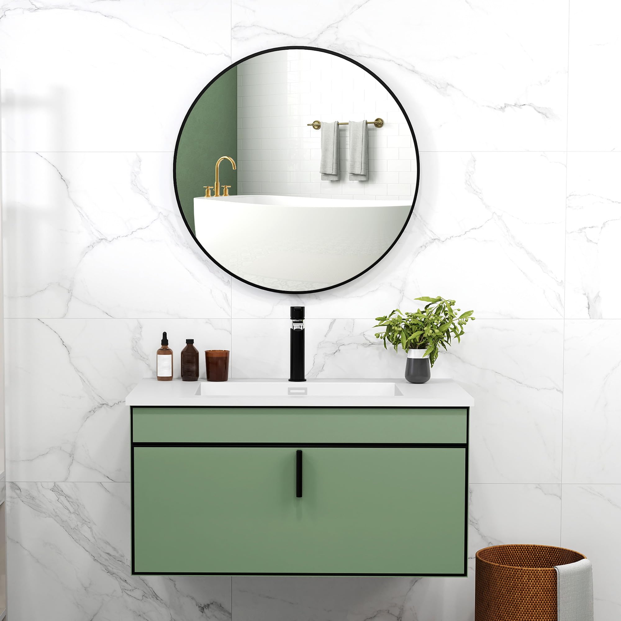 HOMCOM Miroir Rond Salle De Bain 70cm - Cadre Métal Noir, Installation Facile, Verre Anti-Brisure