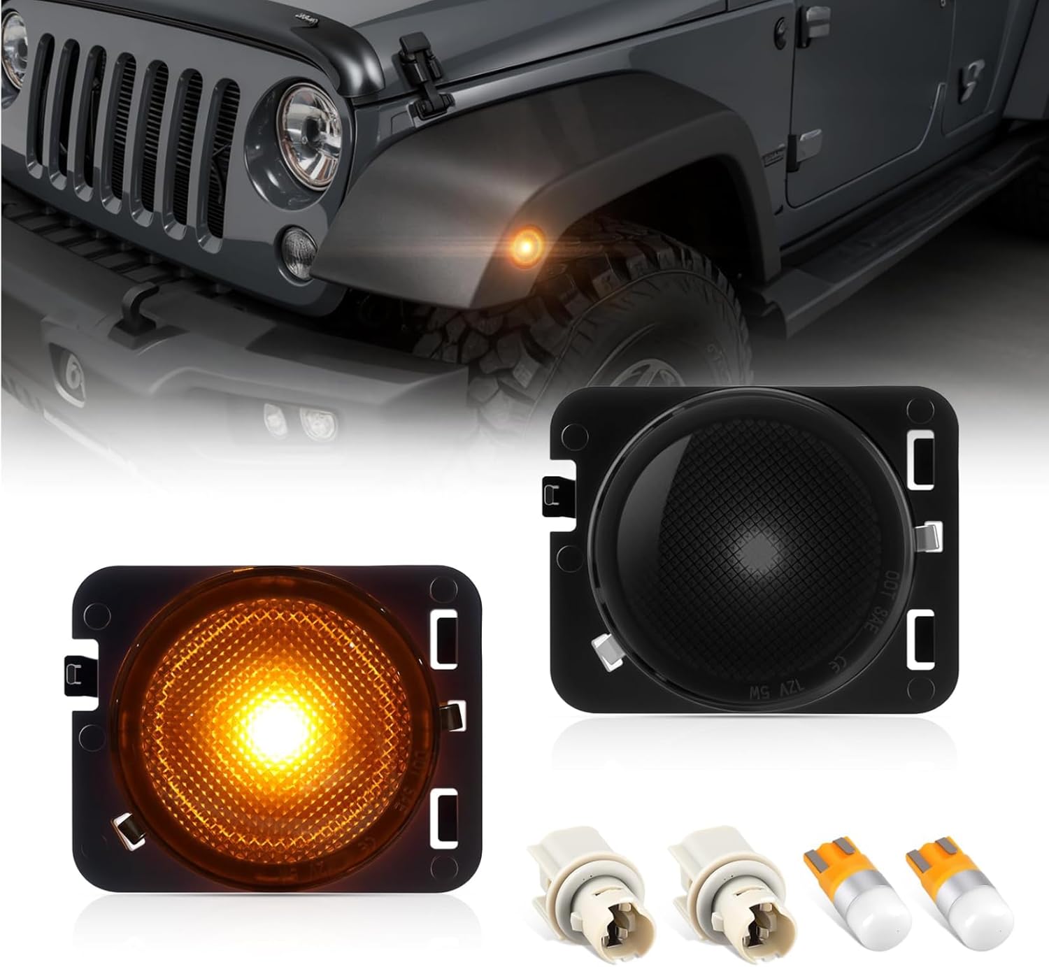 YCLL 2PCS Front Fender LED Side Marker Lights Compatible with 2007-2019 Jee'p Wrangler JK Side Marker Light, Smoked Lens Amber Wrangler Fender Lights, Marker Light with Housing Sockets & 2X T10 Bulbs