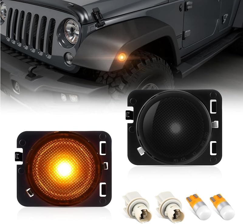 Luzes de posição laterais LED dianteiras YCLL com lente fumê âmbar para Jeep Wrangler JK 2007–2019 – Par