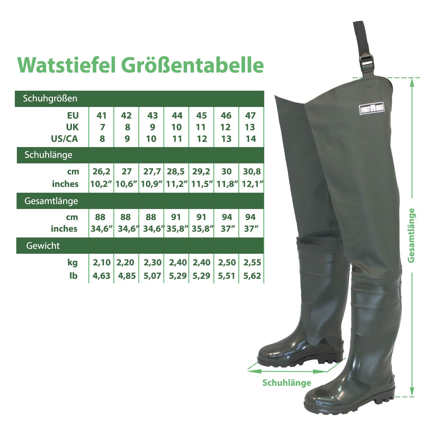 Watstiefel Herren Anglerhose mit Stiefel wasserdichte Wathose Größe Gr. 38-47 Lange Watthosen Gummistiefel Fishing Boots Angel