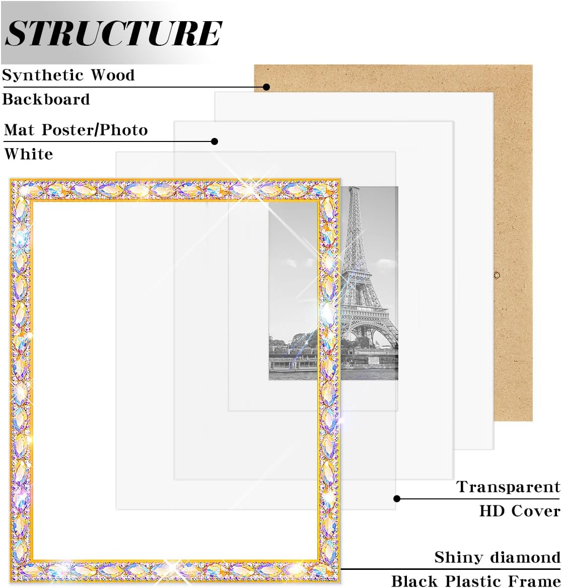 8x10 Bling Picture Frame, Display Pictures 5x7 with Mat or 8x10 Without Mat, Wall Hanging Glitter Diamond Photo Frame With Sparkle Rhinestone, Horizontally or Vertically 1 Pack，gold