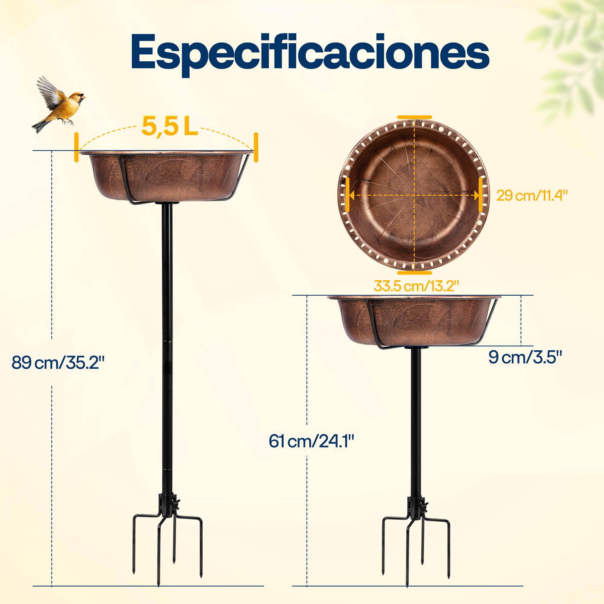VIVOHOME Baño para Pájaros Exterior, Cuenco Desmontable con Base 4 Puntas, Baño y Comedero para Jardín y Césped (Bronce)