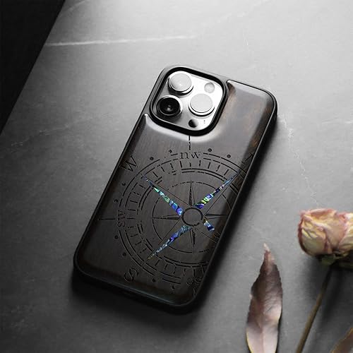 Miniatura 4 de Carveit Funda protectora de madera de diseñador para iPhone 13 Pro, cubierta magnética, grabado en madera e incrustaciones de concha, funda de