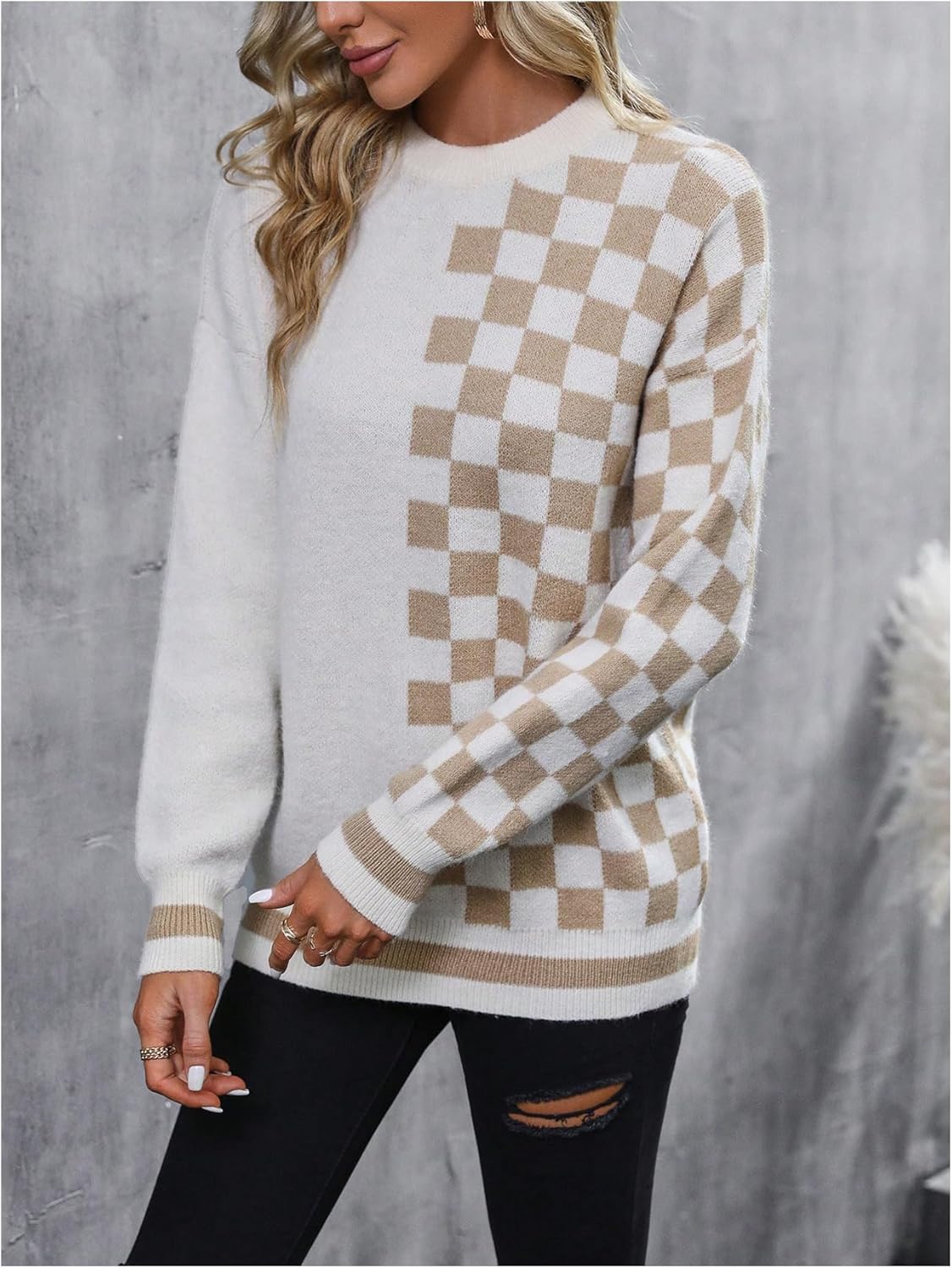 OYOANGLE Women's Checkered Pullover Sweater Crewneck Long Sleeve Contrast Trim Knitwear Tops - Image 5
