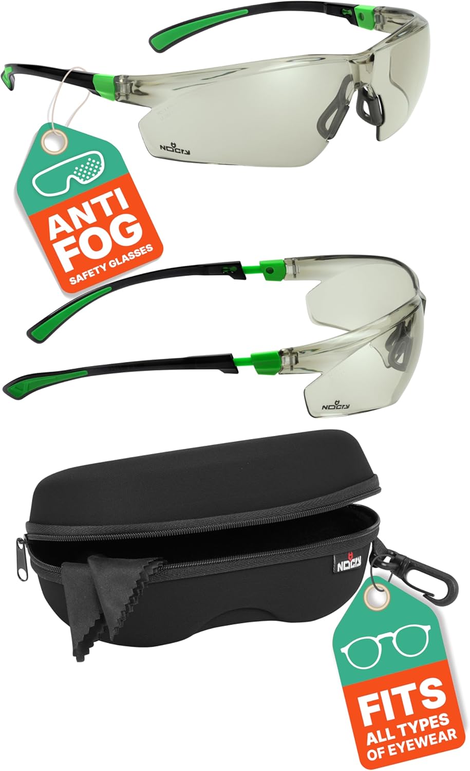 NoCry Tinted Safety Glasses for Men and Women with Anti Fog and Scratch Resistant with Wrap Around Lenses & Storage Case for Safety Glasses with Felt Lining, Reinforced Zipper and Handy Belt Clip