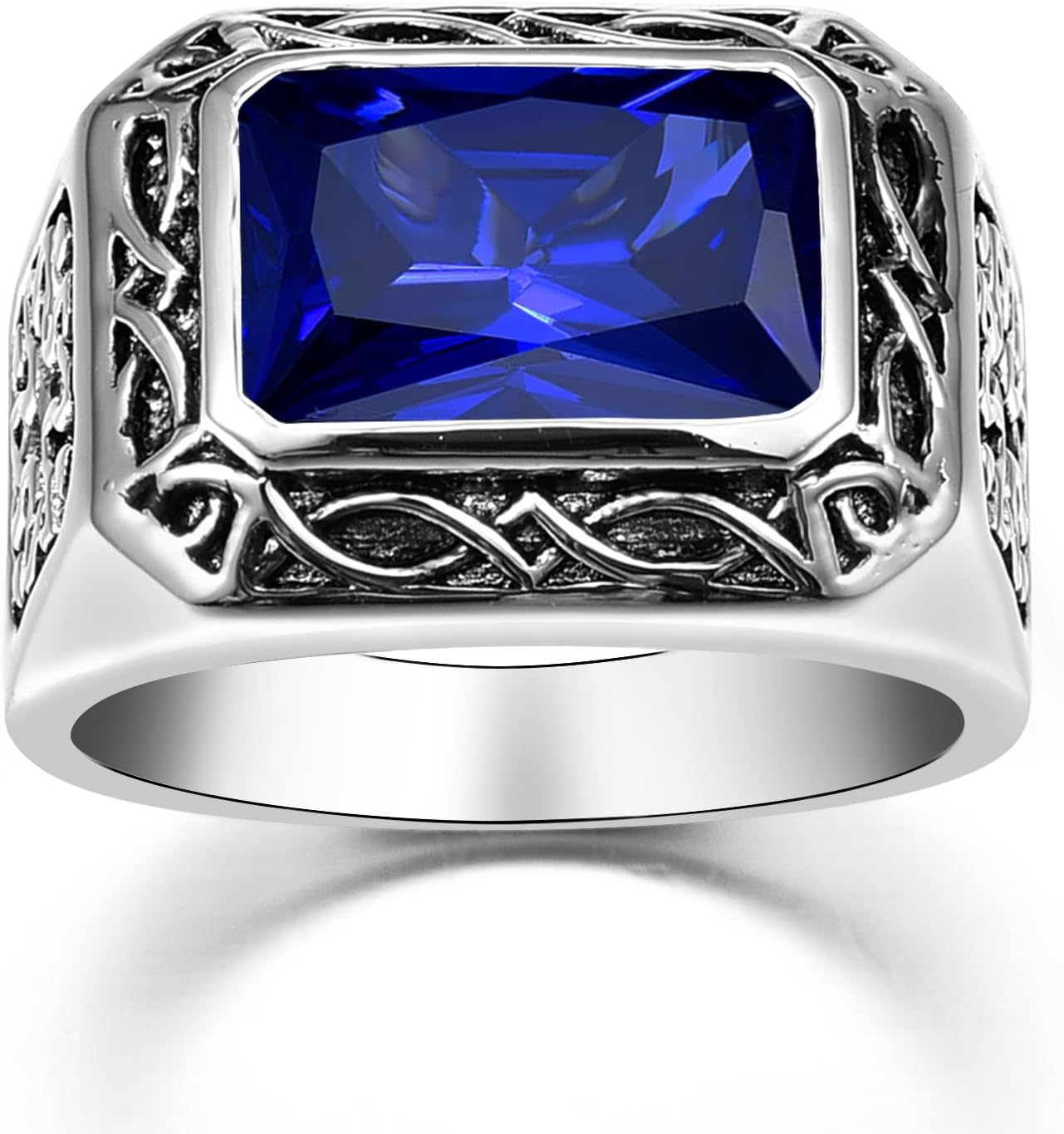 12x8mm Simulated Mens Gemstone Ring Stainless Steel Vintage Celtic Mens Ring, Blue|Red|Black Stone Signet Style Rings for Men Wedding Gift for Husband, Father, Grandpa Size 8-12 - Image 2