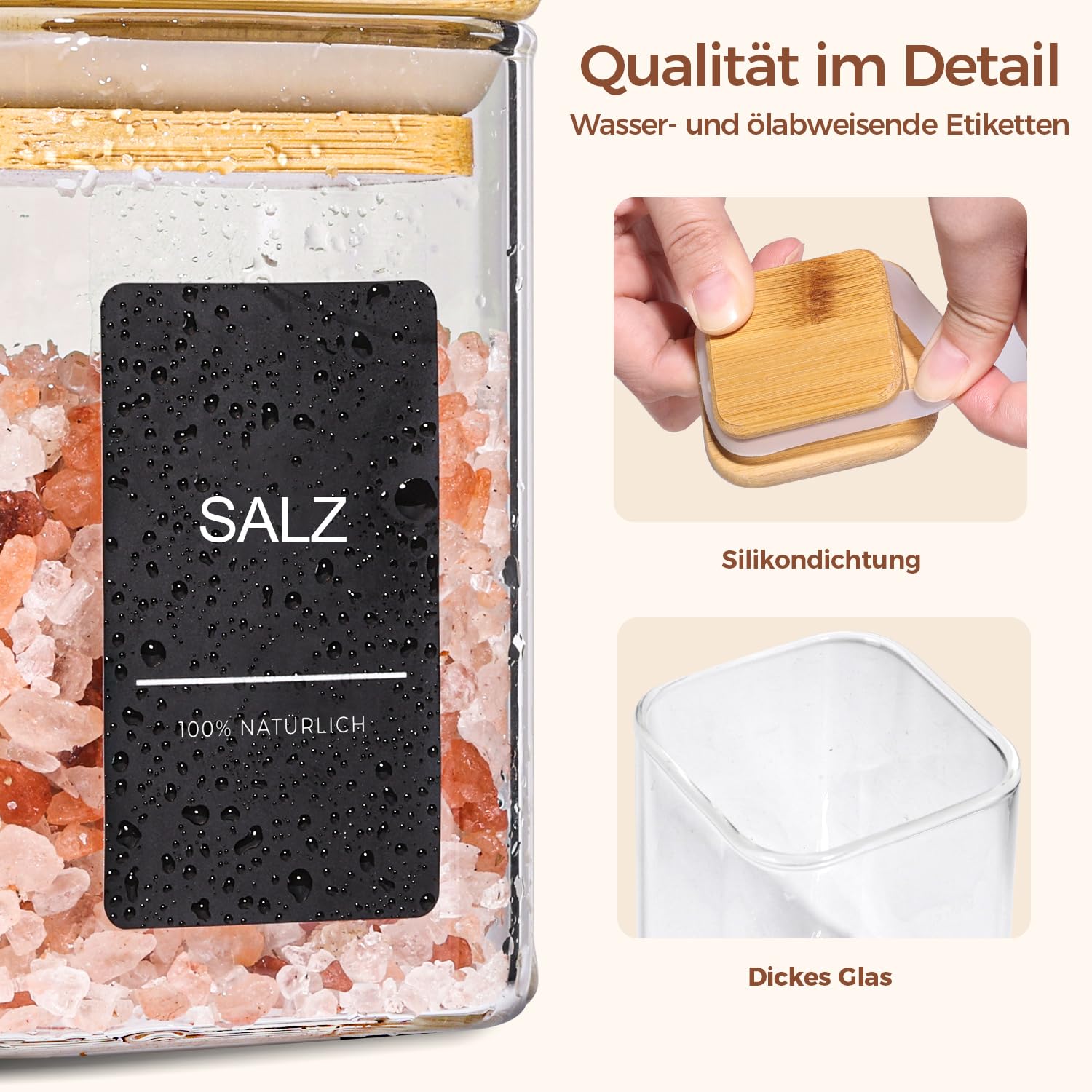 Cinnani 12er Set Gewürzgläser Eckig - 300ml Luftdicht Mit Bambusdeckel & Etiketten