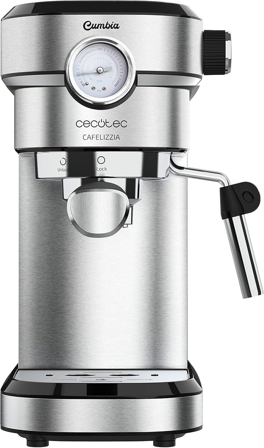 Cecotec Cafelizzia 790 Steel Pro - Macchina per caffè espresso e cappuccino con manometro, 1350 W, sistema Thermoblock, 20 bar, modalità automatica per 1-2 caffè, vaporizzatore regolabile, 1,2 l