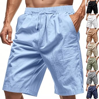 Mens Linen Shorts Casual Elastic Waist Drawstring Lightweight Breathable Bermuda Shorts Summer Beach Pant for Men