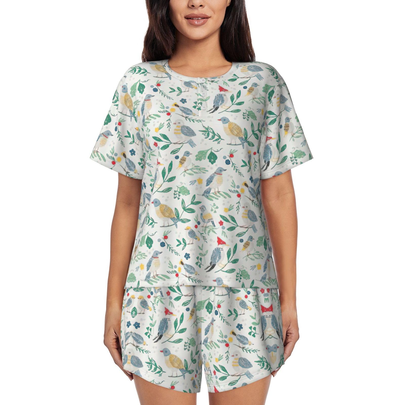 Pijama de 2 piezas de manga corta con estampado de pájaros y flores ropa de dormir de mujer 8