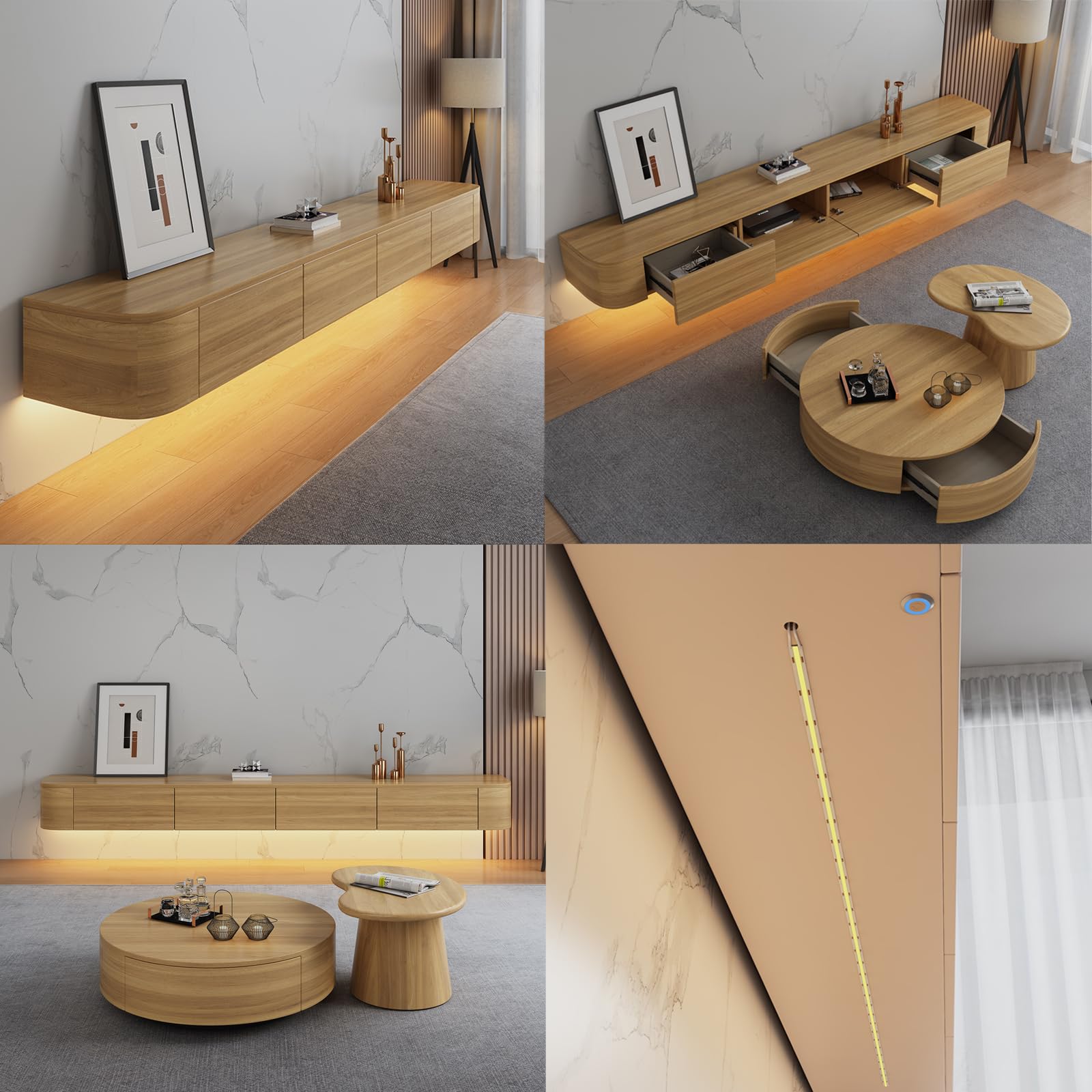 Consola de TV flotante, mueble de TV montado en la pared, banco de TV de almacenamiento grande debajo de la TV con cajones, soporte para enrutador (color madera + LED, 140 x 20 x 24 cm)