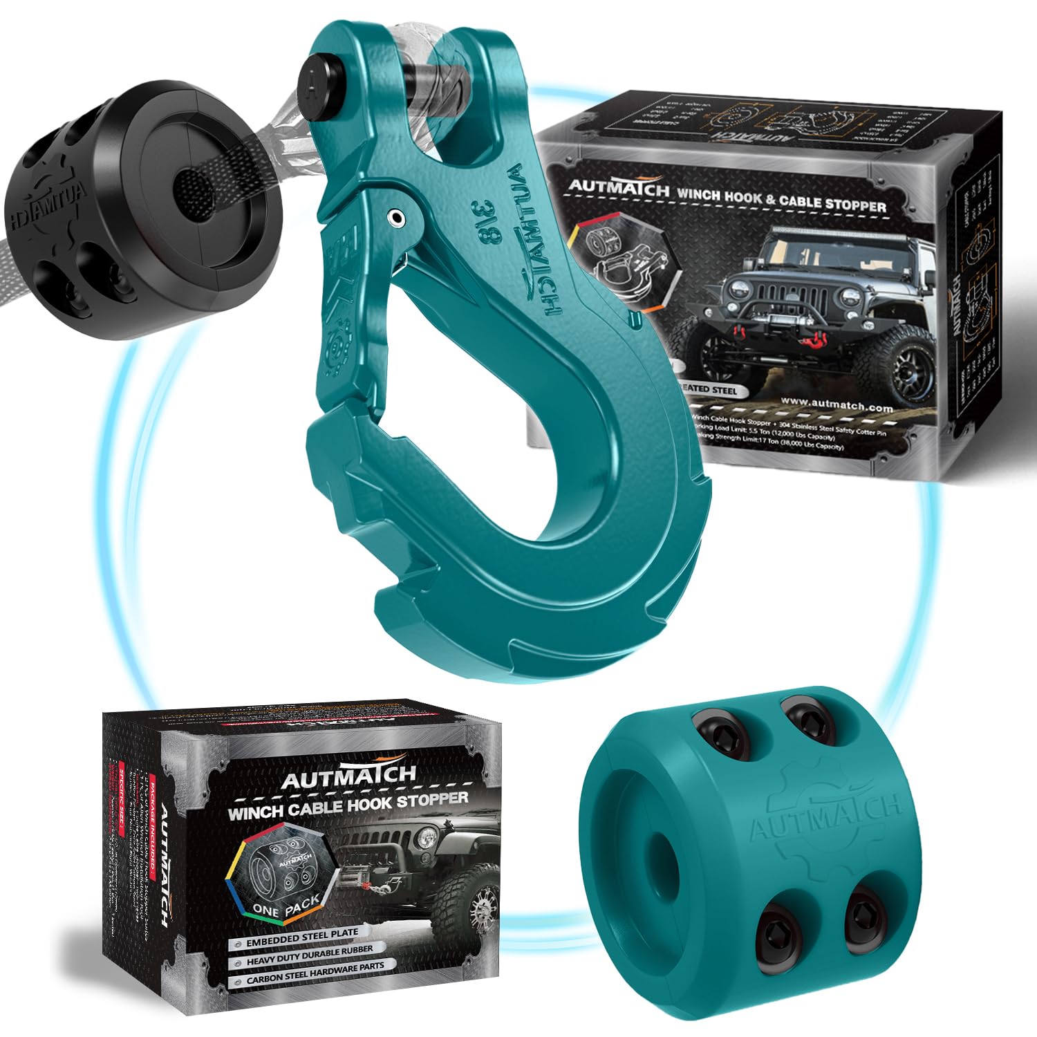 AUTMATCH3/8" Winch Hook Safety Latch with Winch Cable Hook Stopper, Grade 70 Forged Steel Clevis Slip Hook, Max 39,600Lbs Work for Winch Rope, ATV, UTV, Off Road Vehicle, Teal