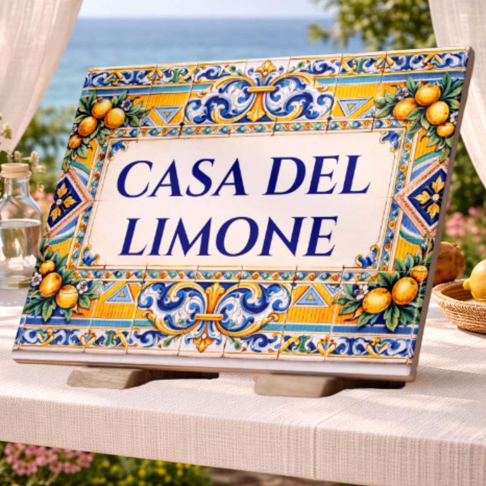 Personalisierte Italienische Zitronenfliesen-Tafel | Familienname Hausnummer | Amalfiküsten-Stil Keramikfliese | Einzug, Hochzeit, Neuvermählte | Für Wohnraum, Badezimmer, Küche, Eingang