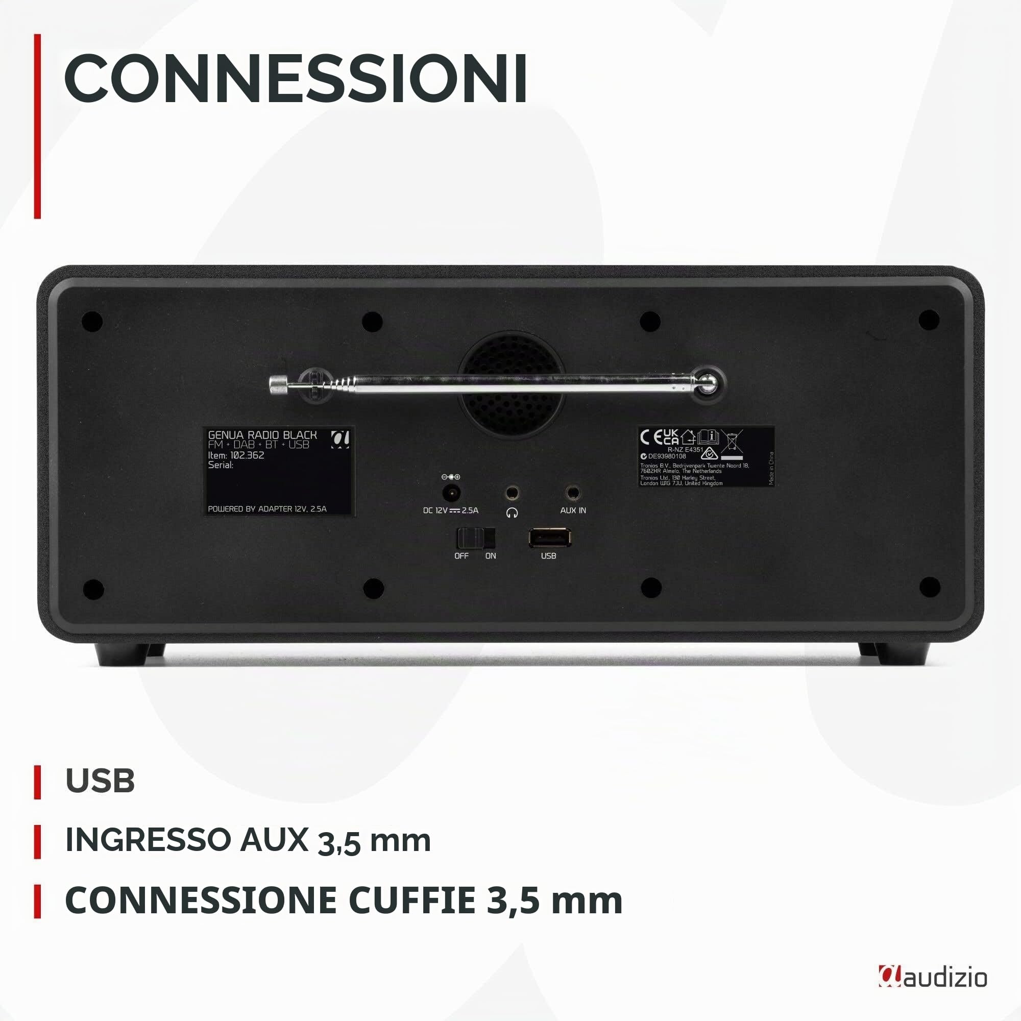 Audizio Genua Radio Digitale DAB+ Bluetooth 50W Altoparlanti Stereo FM USB Doppio Allarme Telecomando Display Colori
