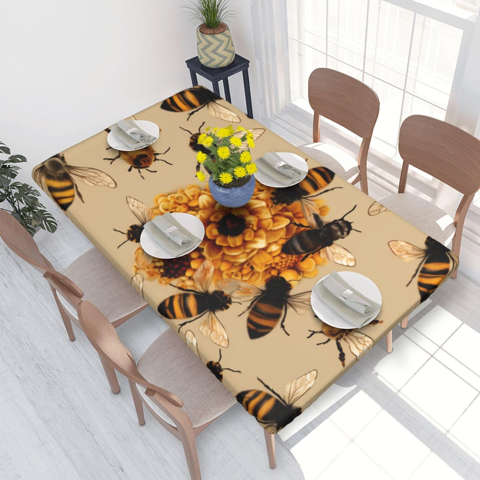 DCARSETCV Honey Bees Printed 4FT Waterproof Tablecloth with Elastic Edged Protect & Decor Your Table, Oil-proof Washable Table Cloth Cover for Dinner Picnic Party