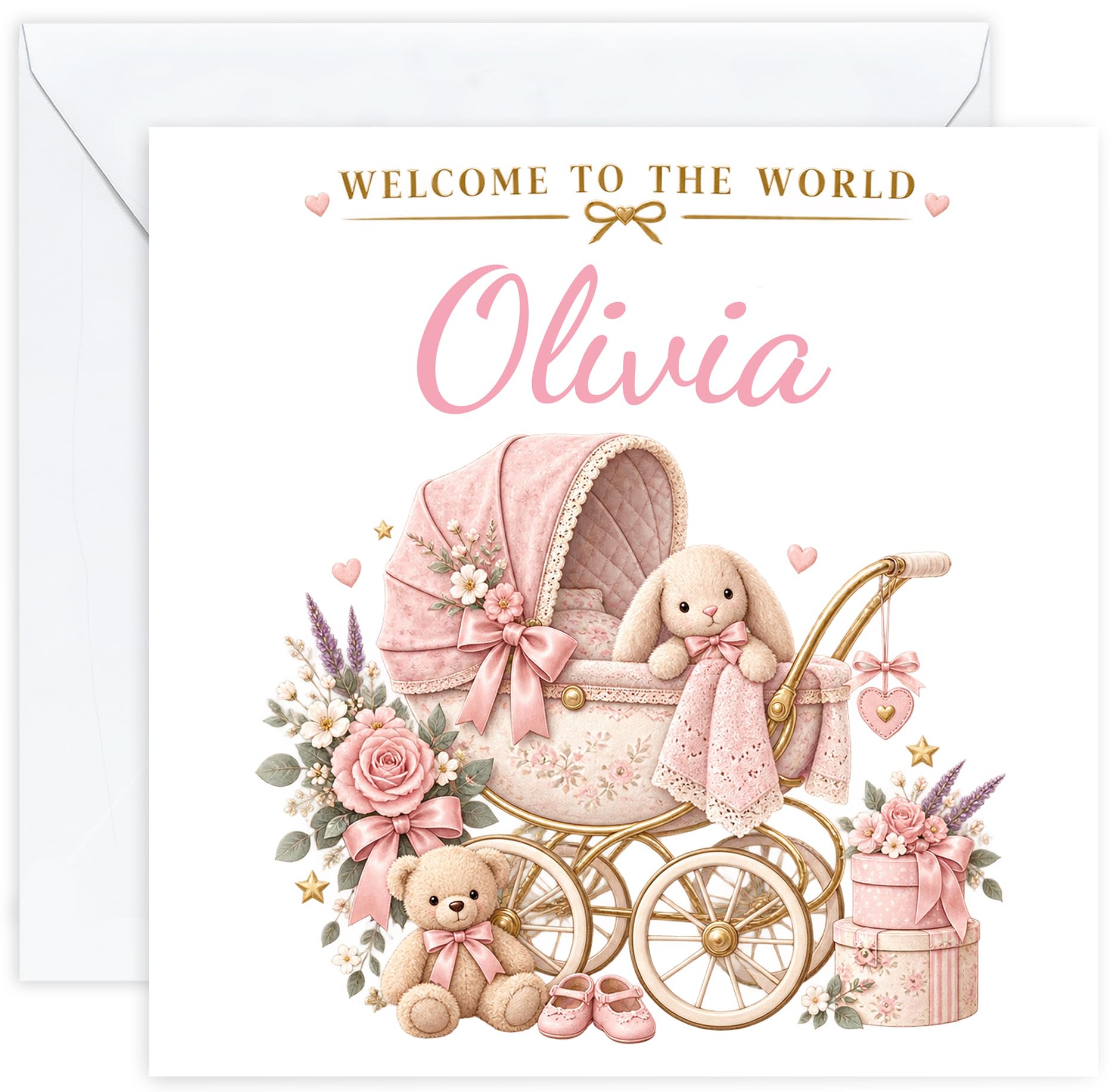 Personalised New Baby Girl Card with Name | Newborn Congratulations Card | Welcome to the World | Daughter Granddaughter Niece Goddaughter (Design 10)