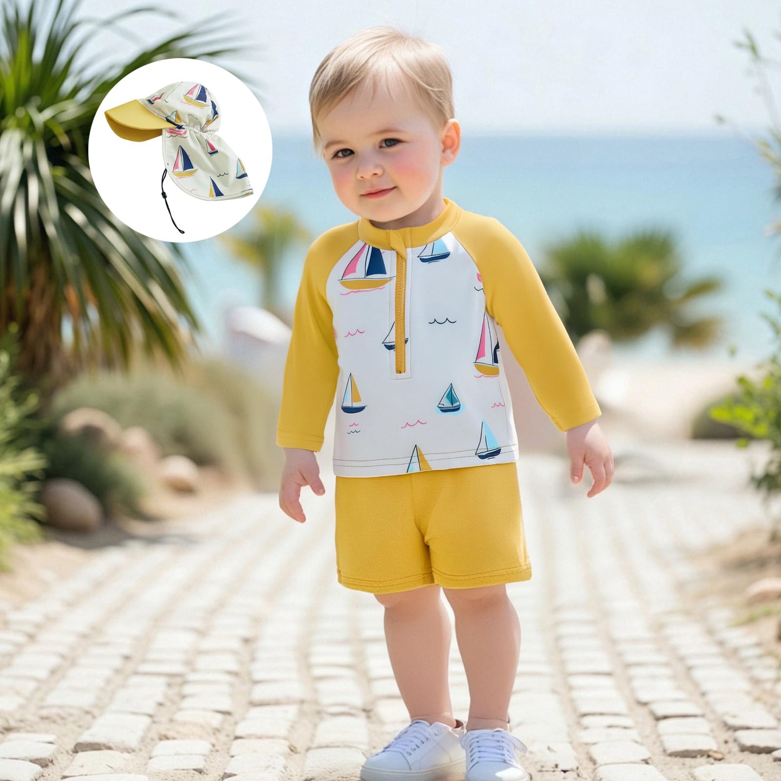 Toddler Boy Swimsuit Baby Swimsuit Boy Baby Rash Guard Sailboat Print Zipper Beach Bathing Suit Swimwear with Hat(A-Yellow Sailboat,2-3T)