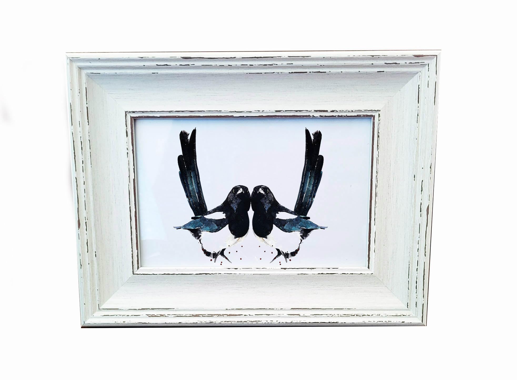 Edswatercolours Two Magpies Mini Art Print 17x12cm – Framed White Rustic Frame – A Love Story in Feathers.Two Magpies Framed Art,Magpie gift idea, Valentines gift