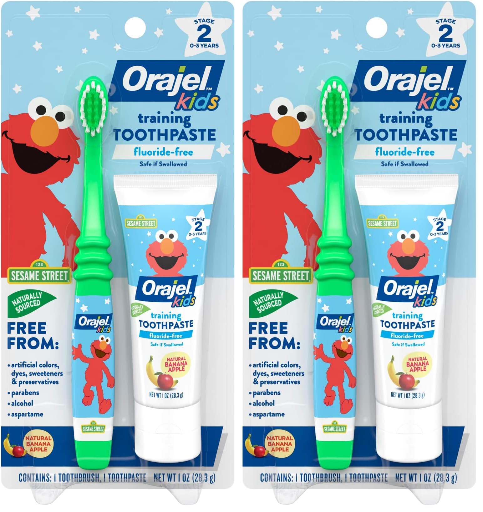 Orajel Elmo Fluoride-Free Tooth &amp; Gum Cleanser with Toothbrush, Combo Pack, Banana Apple Flavored Non-Fluoride, 2 Piece Set (Pack of 2)