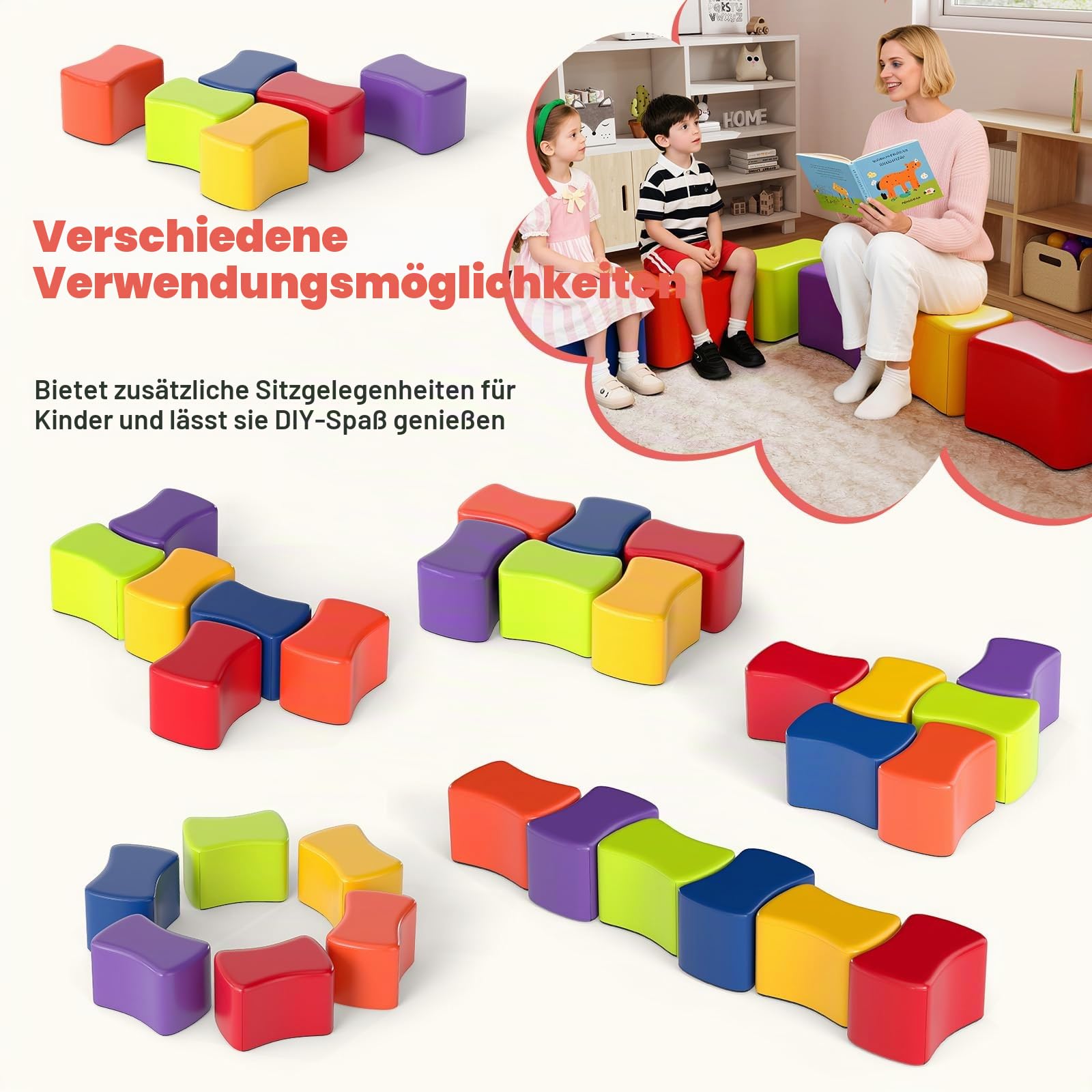 LIFEZEAL 6er Set Kinderhocker, Sitzhocker aus Schaumstoff, Kinder Fußhocker mit Bezug aus Kunstleder, Polstermöbel Kinderstuhl für Kinderzimmer, Kindergarten, Babyzimmer