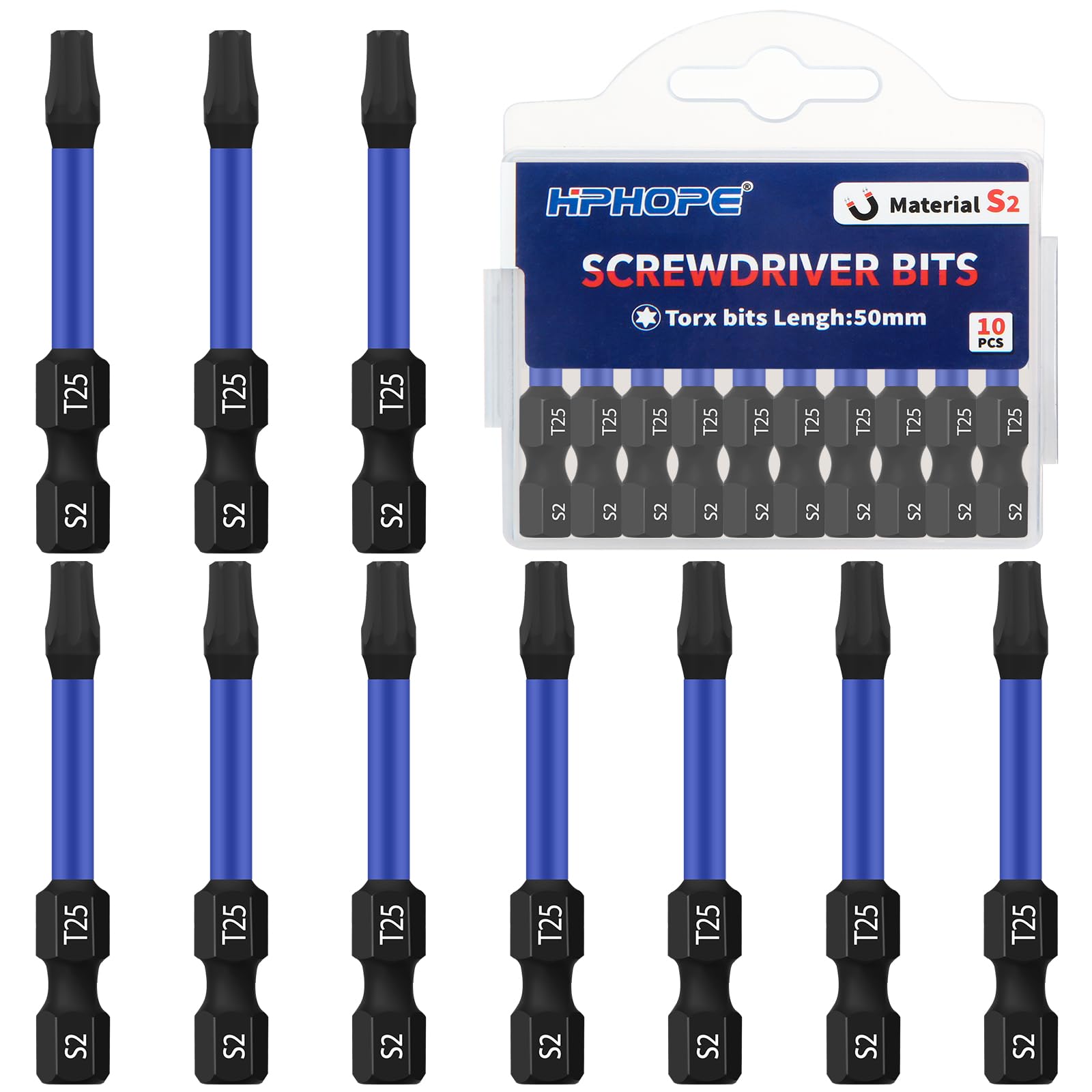 HPHOPE T25 Screwdriver Bit Set 10Pcs, Torx Bits T25, 1/4" Hexagon Bit, Length: 50mm