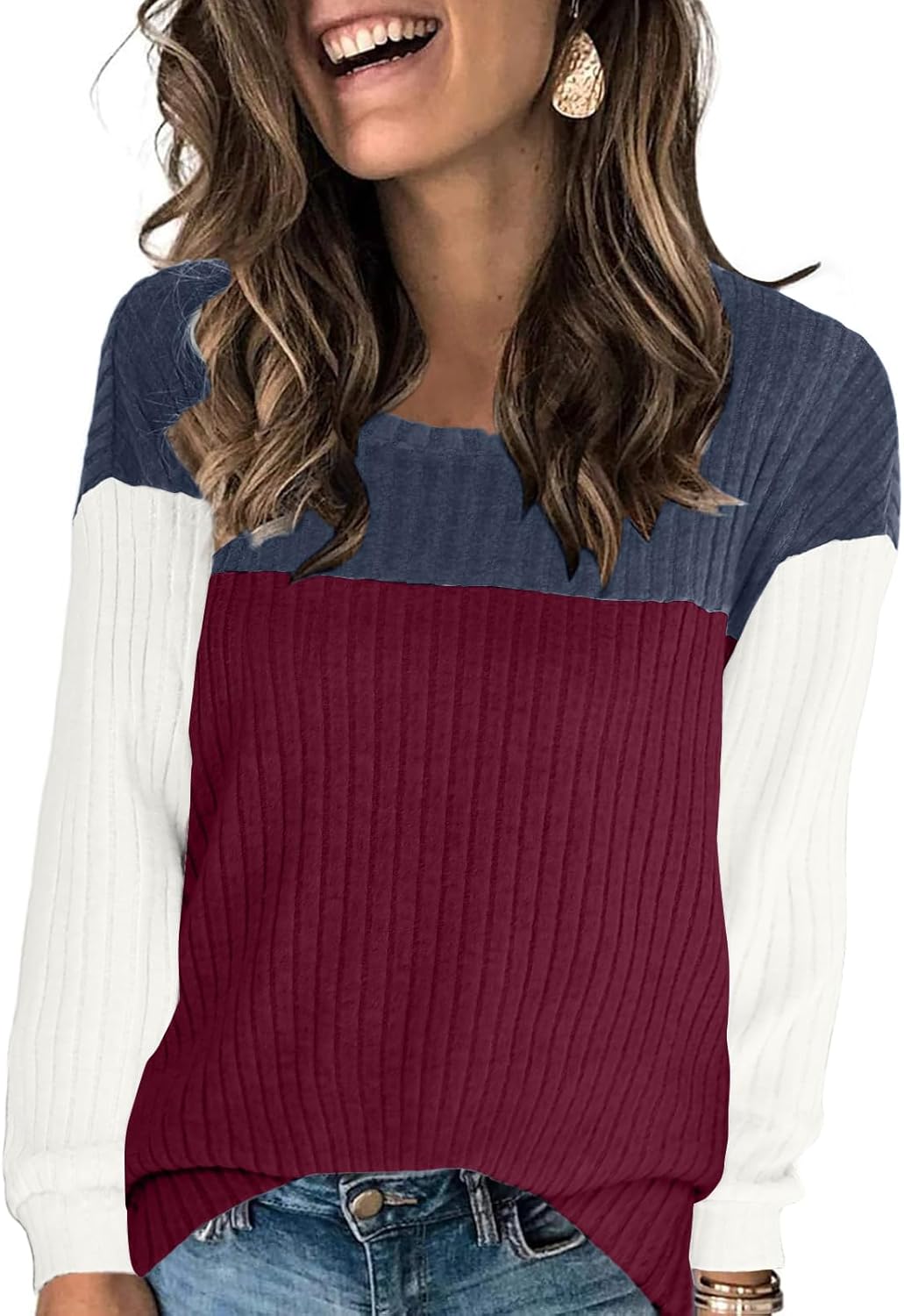 Womens Color Block Long Sleeve Tops 2024 Casual Fall Lightweight Tunic Sweaters Crew Neck Shirt - Image 3