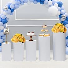 5PCS Round Cylinder Pedestals Display White Metal Stage Set Cylindrical Display Stand Birthday Art Wedding Party Event Decors Plinth Pillar Ornaments Display for Trinkets Flowers Candles