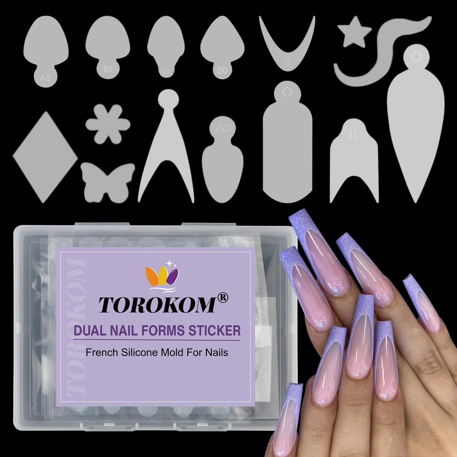 TOROKOM French Nail Forms Stickers, 144 PCS Silicone French Tip Nail Stickers for Dual Nail Forms, Reusable Silicone Pads for Poly Gel Nail Mold