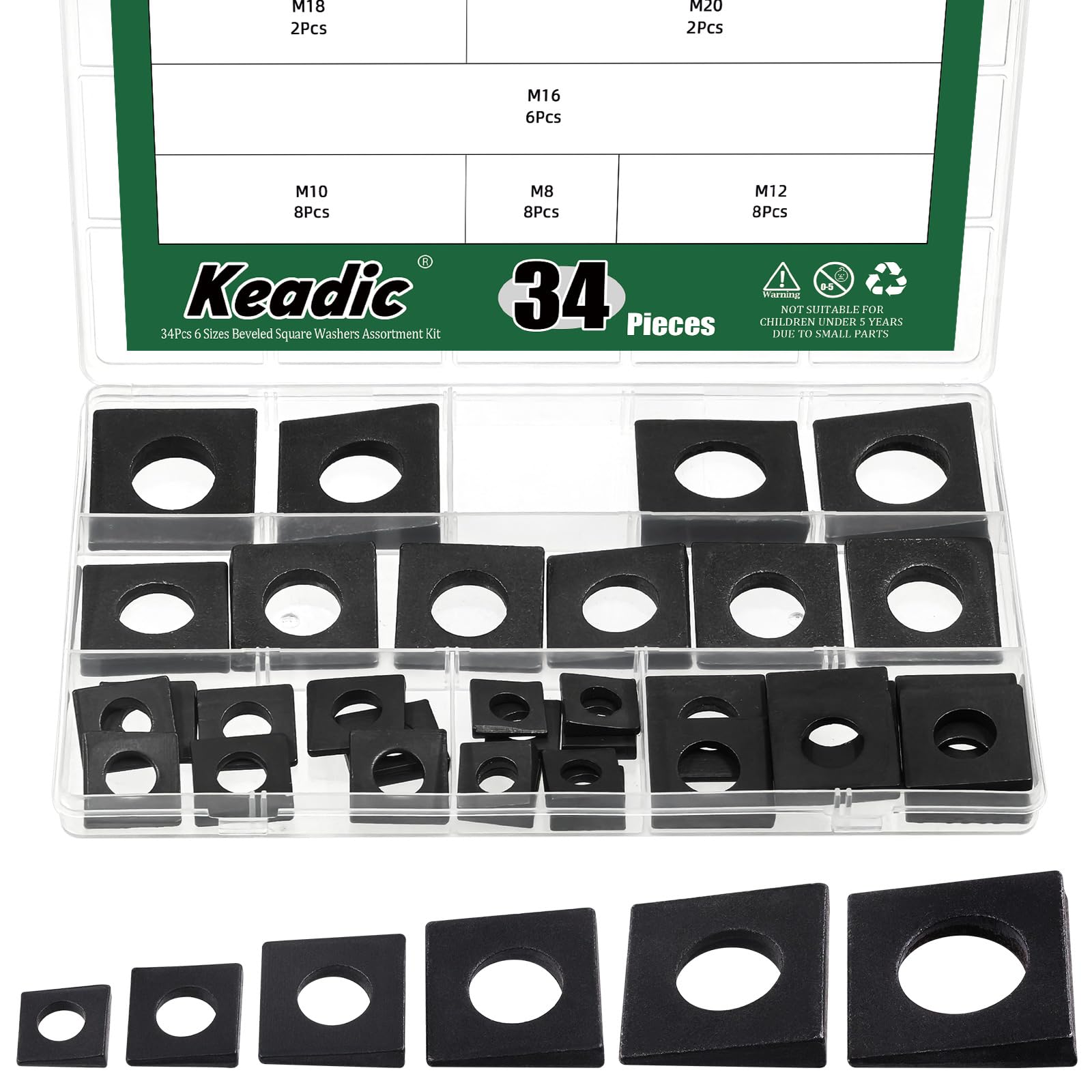 Keadic 34Pcs 6 Size M8 /M10 /M12 /M16 /M18 /M20 1/2 Beveled Square Washers in Plain Carbon Steel Galvanized for Channel Steel Wedge Shaped Washers for Shim Leveling,1.9 to 9.4 mm Thick（Black)