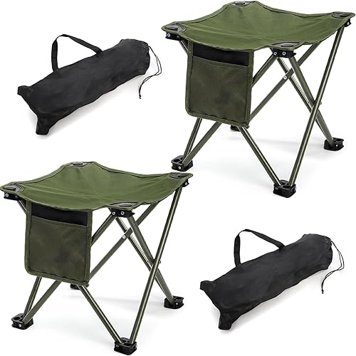 Paquete de 2 taburetes de camping, silla de camping compacta portátil, taburete plegable ligero de 13 pulgadas con bolsillo lateral y bolsa de