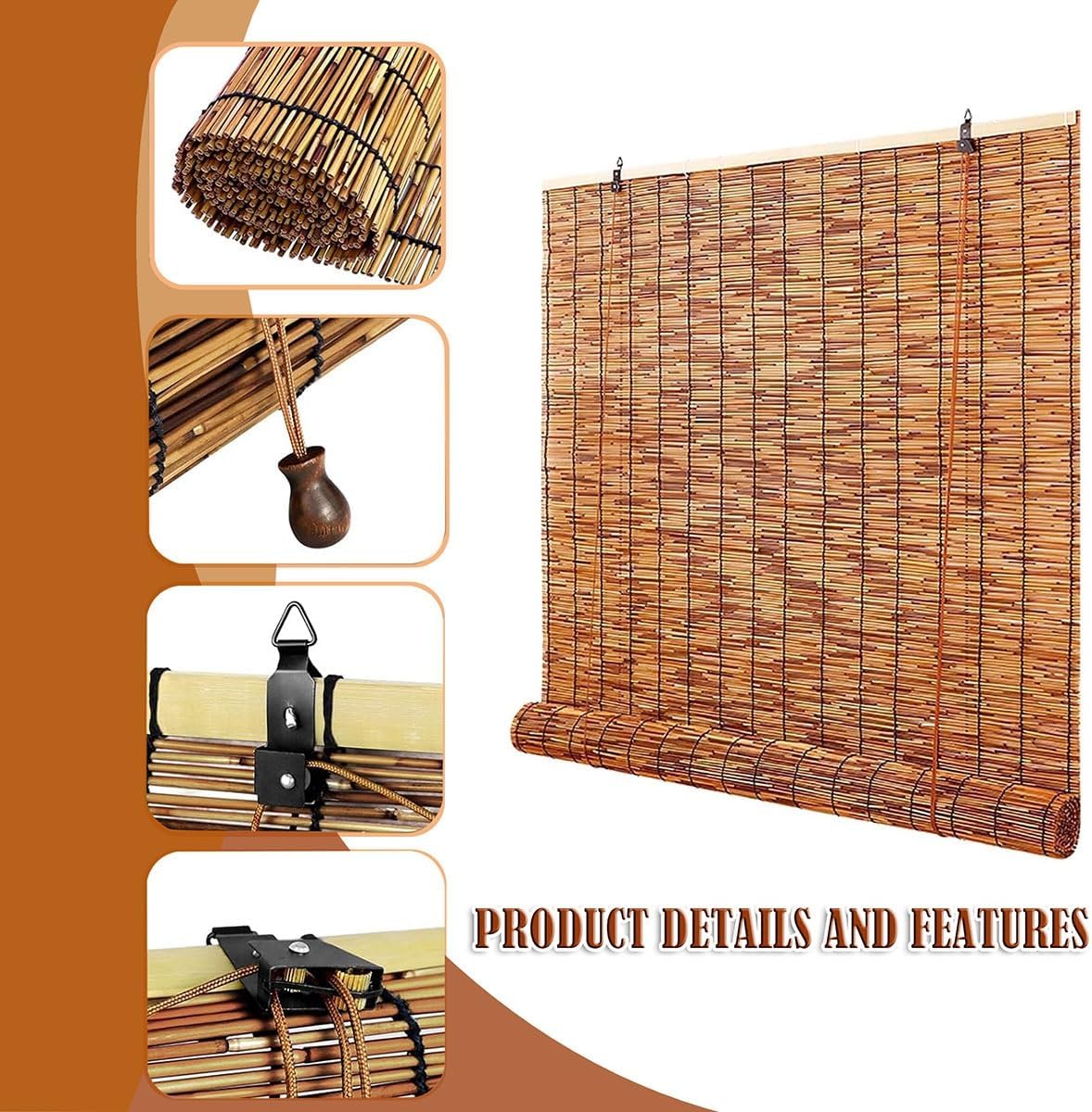 Bamboo Blinds for Interior Windows, Cordless Blackout Roller Shade Privacy Partition Natural Roll-up Reed Shades Retro Outdoor Bamboo Curtain 20 34 38 42 48 50 52 58 60 66 68 70 72 76in(50in x 64in(W