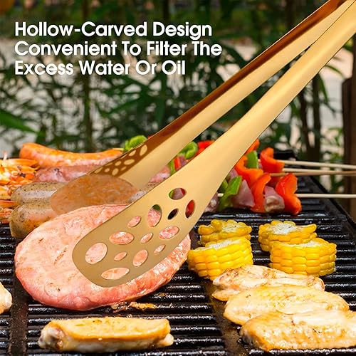 Miniatura 5 de Paquete de 2 pinzas de cocina para cocinar, pinzas de acero inoxidable dorado de 10 pulgadas para parrilla, utensilios de servir resistentes al