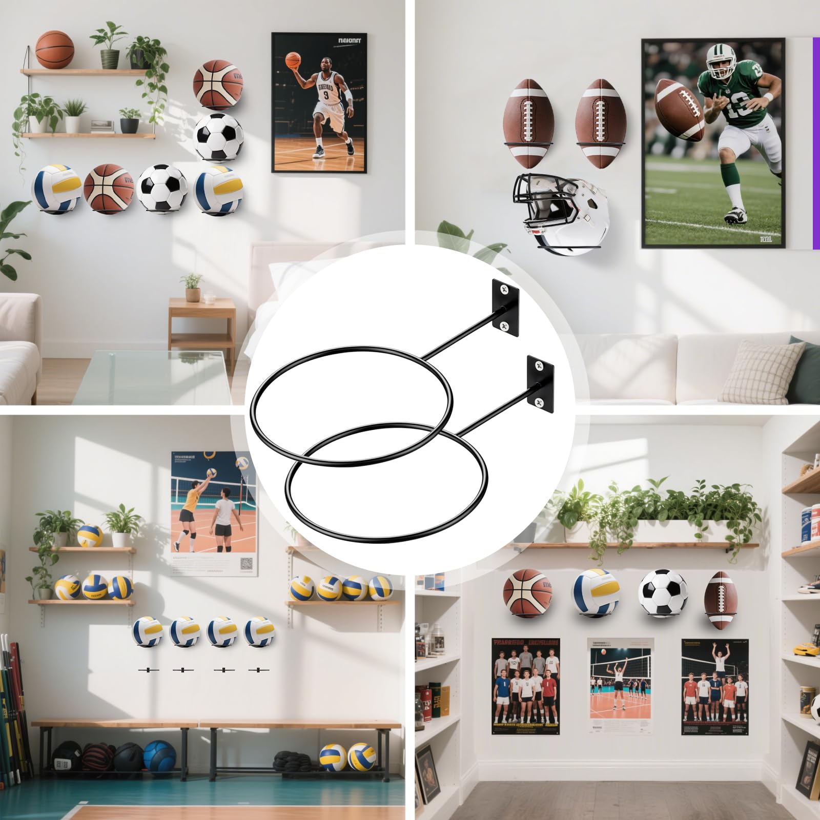 Soporte de pared para pelotas de baloncesto, voleibol, fútbol y rugby con tornillos