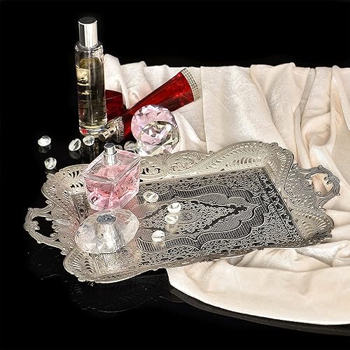 Miniatura 7 de Manijas plateadas de bandeja de té turco para servir café, bandeja plateada decorativa, bandeja de metal para servir, centro de mesa para fiesta,