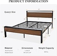 Vista 2 de SHA CERLIN Base de cama de plataforma de metal tamaño Queen de 14 pulgadas con cabecero y estribo de madera, base de colchón, no necesita somier