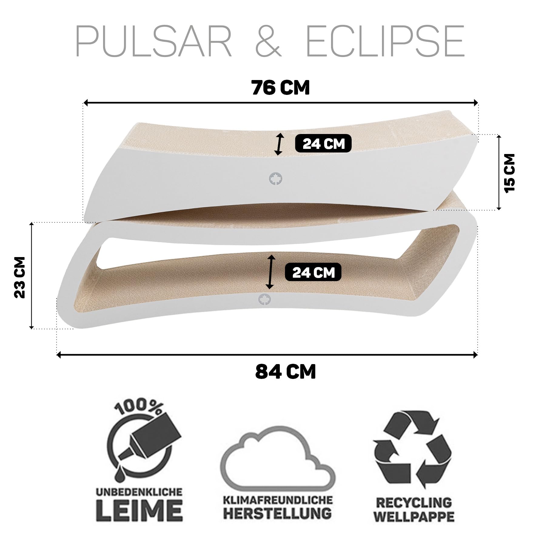 CanadianCat Company | Kratzbrett Set Eclipse & Pulsar für Katzen aus robuster Wellpappe mit Holzoptik - 2 beidseitig nutzbare Kratzmöbel kombinierbar als Lounge, Kratzfläche und Liegeplatz