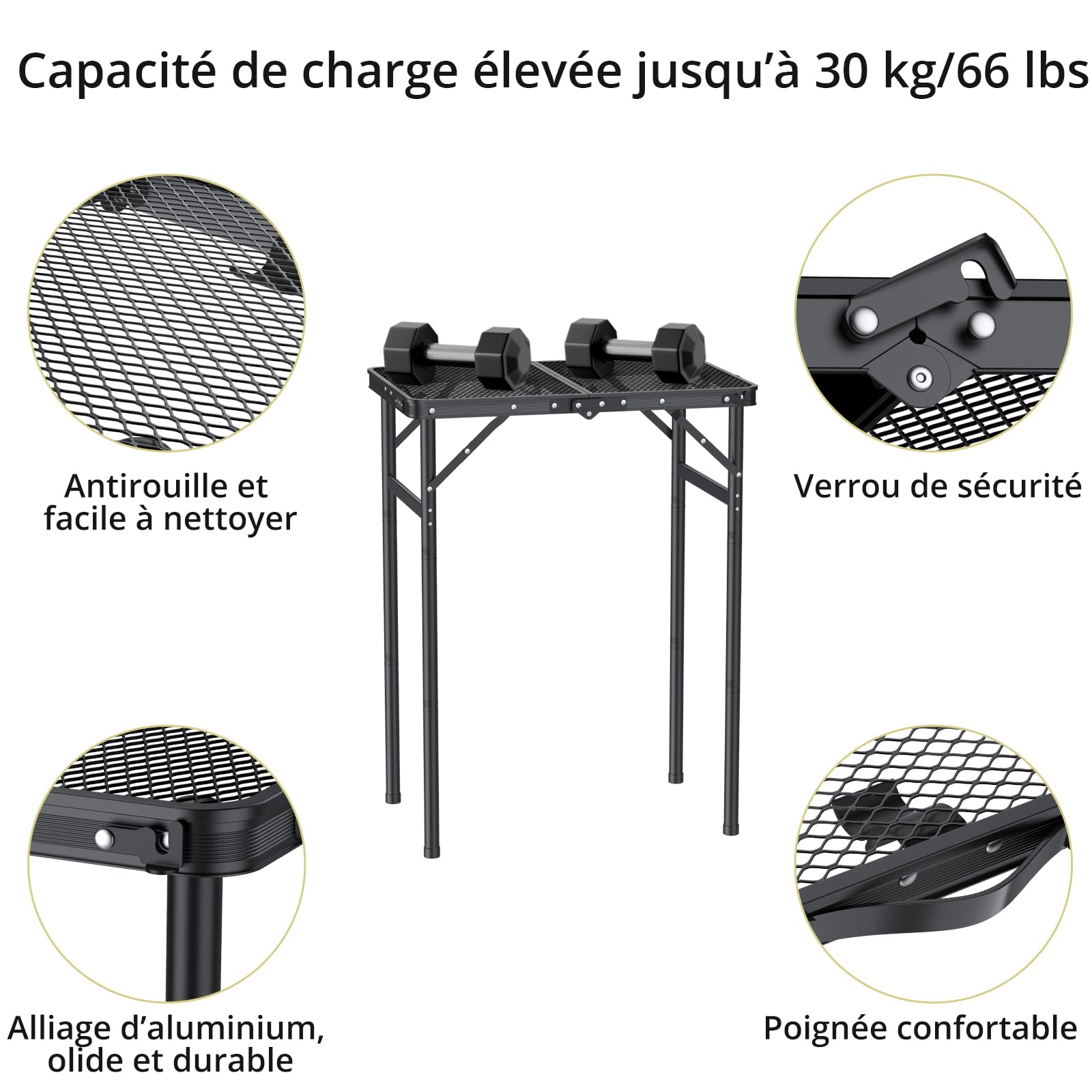 Anbte Table de Barbecue Pliante 60x40x27/51/74 cm en Aluminium | Table de Camping Pliante avec Plateau en Maille Métallique, Résistante à la Chaleur pour Extérieur et Intérieur