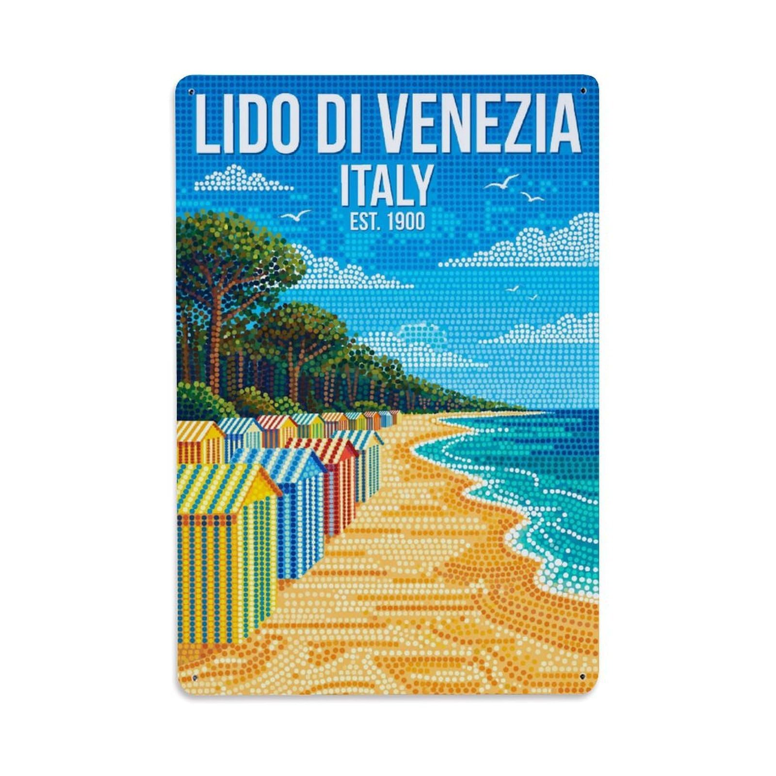 Olhnbad Style Lido Di Venezia Italy Beach Cabins Pointillist Travel Metal Tin Sign