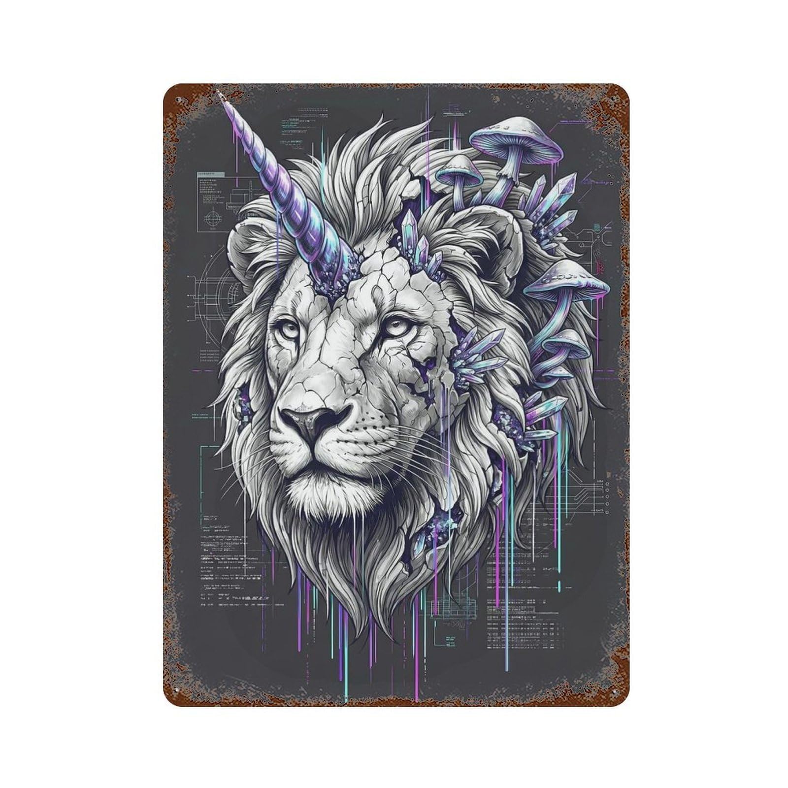 Lion Unicorn with Crystals And Mushrooms 15.7"x11.8" Retro Metal Sign, Old School Wall Decor for Office, Studio And Wall Decor